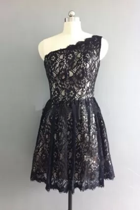 Cute One Shoulder Lace Appliques Black Short Prom Dresses Homecoming Dresses