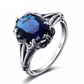 Hollow Out Engraved Flower Sapphire Stone Ring - 925 Sterling Silver