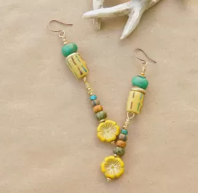 Krobo and Yellow Hibiscus Czech Flower Earrings