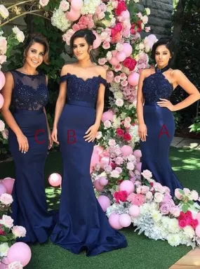 Mermaid Halter Open Back Navy Blue Bridesmaid Dress