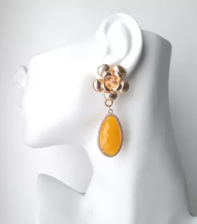 Textured Rose Stud with Haloed Yellow Jade Earrings