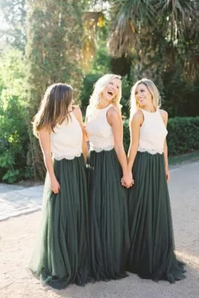 Two Piece Lace Bodice Tulle Skirt A Line Custom Bridesmaid Dress